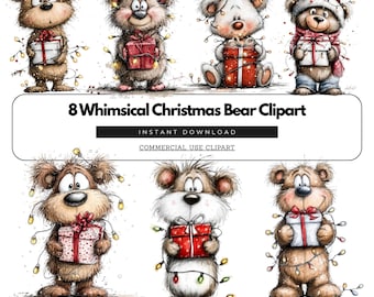 Whimsical Christmas Bear Clipart Set – 8 Watercolor Bears with Gifts – Festive Holiday Illustration Download