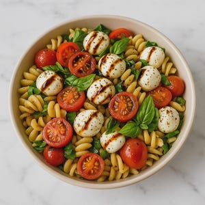 Przepis na sałatkę caprese z makaronem i glazurą balsamiczną (natychmiastowy plik PDF do pobrania)