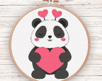 Valentine Panda Cross Stitch Pattern, Heart Design (PDF Pattern)