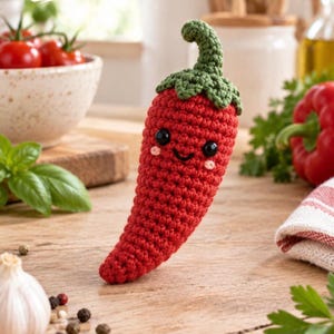 Virkat mönster för amigurumi av chilipeppar | Nybörjarmatplysch (PDF-nedladdning)