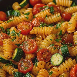Puede incluir: Primer plano de un plato de pasta en un cuenco negro. El plato presenta pasta en espiral, tomates cherry cortados por la mitad, rodajas de calabacín y hierbas frescas. La pasta está cubierta con una salsa ligera y condimentada con pimienta negra.