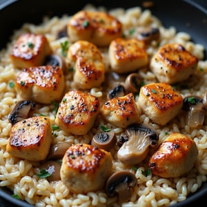 Può includere: Un primo piano di un piatto di pasta con pollo e funghi. Il pollo è cotto e dorato, e i funghi sono a fette. La pasta è cotta al dente ed è ricoperta da una salsa cremosa.