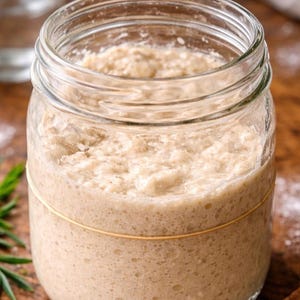 Könnte beinhalten: Ein klares Glas mit einer hellbraunen, sprudelnden Mischung, wahrscheinlich ein Sauerteigstarter. Ein dünnes, goldfarbenes Gummiband umschließt das Glas. Das Glas steht vor einem verschwommenen Hintergrund, der eine Küchenumgebung andeutet.