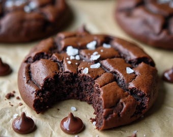 May include: A close-up of a chocolate cookie with a bite taken out of it. The cookie is covered in sea salt and is sitting on a brown paper surface. There are chocolate chips scattered around the cookie.