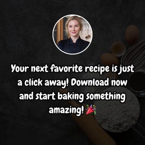 May include: A woman in a chef's uniform smiles at the camera. Text reads: "Your next favorite recipe is just a click away! Download now and start baking something amazing!"