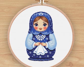 Blue Matryoshka Cross Stitch Pattern: Modern Embroidery (Instant Download)