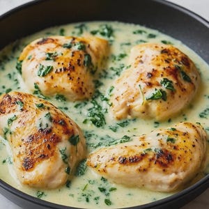 Può includere: Primo piano di una padella nera piena di quattro petti di pollo cotti in una salsa cremosa giallo pallido. Il pollo ha una doratura marrone e la salsa è cosparsa di erbe verdi.