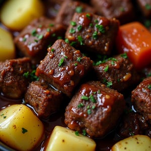 Könnte beinhalten: Nahaufnahme eines herzhaften Eintopfs mit zarten, braunen Rindfleischwürfeln in einer reichhaltigen, glänzenden Sauce. Das Gericht enthält goldene Kartoffeln und orangefarbene Karottenstücke, garniert mit frischen grünen Kräutern. Ein wohltuendes, hausgemachtes Essen.
