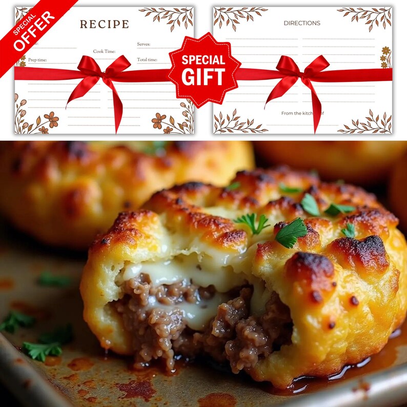 May include: Close-up of a golden brown, cheesy, and meat-filled pastry. The pastry is cut open, revealing a gooey cheese filling and a savory meat mixture. The pastry is garnished with fresh parsley.