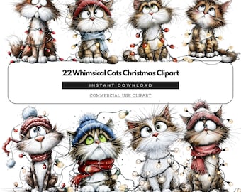 Whimsical Cats Christmas Clipart, Printable Watercolor clipart (Digital Download - 22 PNG, JPG, PDF)