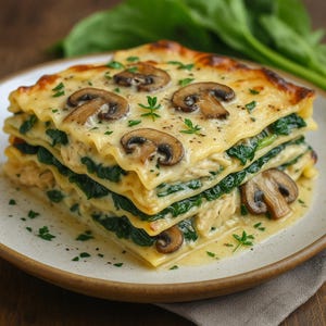 Könnte beinhalten: Ein Stück Lasagne mit Schichten aus Nudeln, Spinat und einer cremigen Sauce, garniert mit geschnittenen Pilzen. Das Gericht wird auf einem weißen Teller mit braunem Rand serviert, mit Kräutern bestreut.