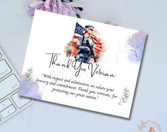 May include: A white card with a watercolor illustration of a female soldier holding a rifle and the American flag. The text reads "Thank You Veteran" with a supporting message. Floral and watercolor accents complete the design.