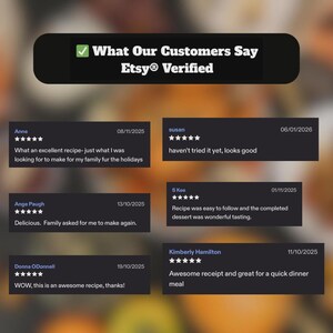May include: Image showcasing customer reviews for a recipe, Etsy verified. The reviews are displayed on dark gray rectangles with white text, featuring star ratings and comments like "delicious" and "awesome recipe."