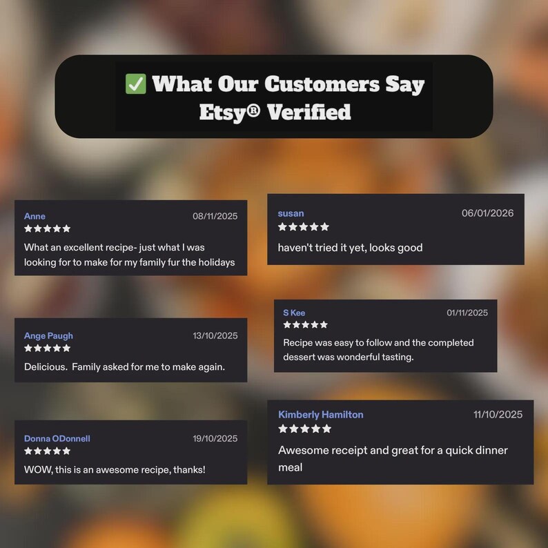May include: Image showcasing customer reviews for a recipe, Etsy verified. The reviews are displayed on dark gray rectangles with white text, featuring star ratings and comments like "delicious" and "awesome recipe."