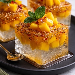 Receita de Gelatina de Manga e Lichia em Gotas de Cristal (PDF) | Sobremesa de Ágar-ágar em Vidro Transparente | Download Imediato