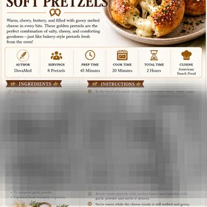 May include: A recipe for Mozzarella Stuffed Soft Pretzels. The image shows golden pretzels filled with melted cheese, served with marinara sauce. The recipe includes prep time, cook time, and total time. The cuisine is American snack food.