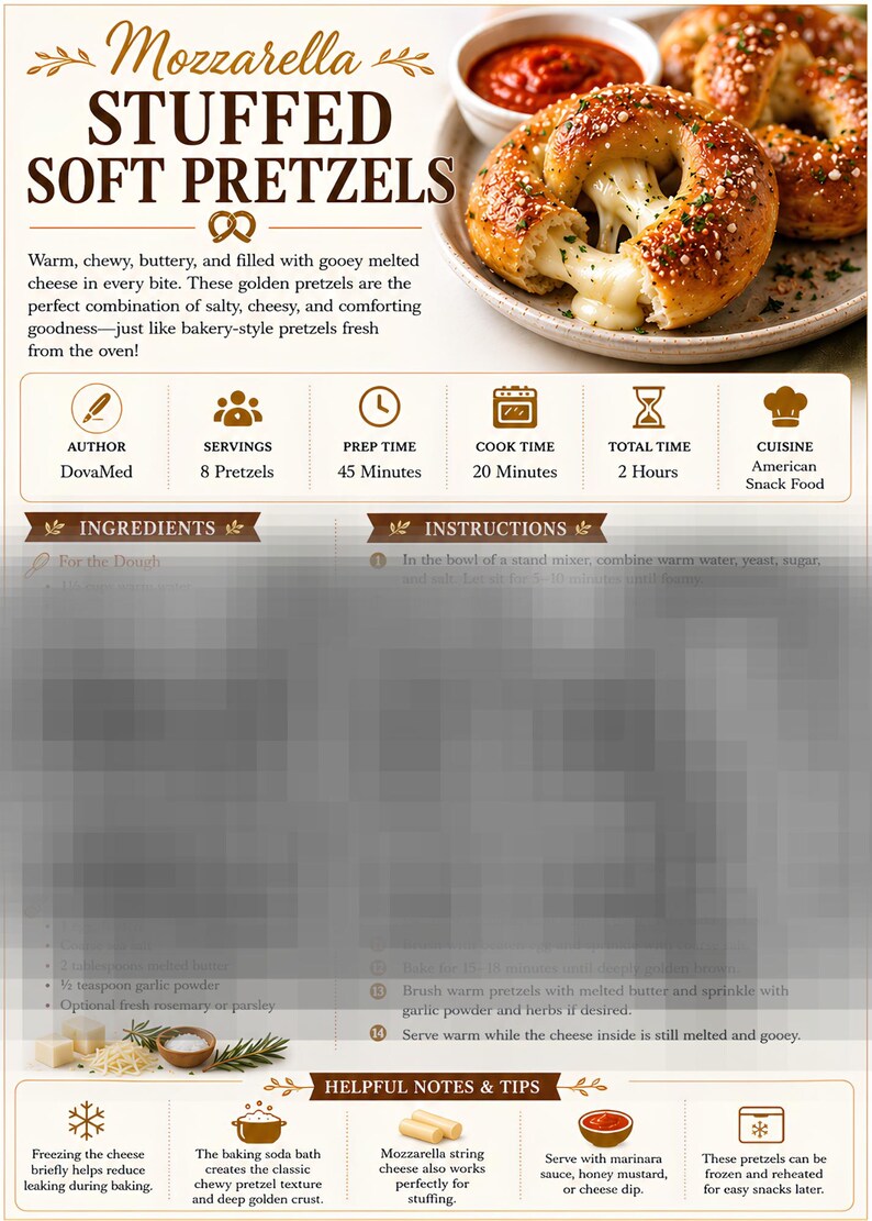 May include: A recipe for Mozzarella Stuffed Soft Pretzels. The image shows golden pretzels filled with melted cheese, served with marinara sauce. The recipe includes prep time, cook time, and total time. The cuisine is American snack food.