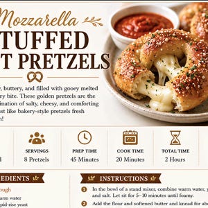 May include: Image of mozzarella-stuffed soft pretzels. The golden-brown pretzels are filled with melted cheese and sprinkled with herbs. The image includes a small bowl of red sauce and text that reads "Mozzarella Stuffed Soft Pretzels."