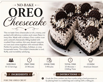 No-Bake Oreo Cheesecake Recipe Card Printable PDF, Cookies and Cream Dessert Digital Download