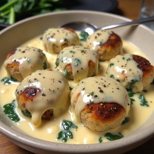 Melhor receita de almôndegas de frango com ricota e molho Alfredo de espinafre | Download instantâneo em PDF | livro de receitas de família | Receita fácil