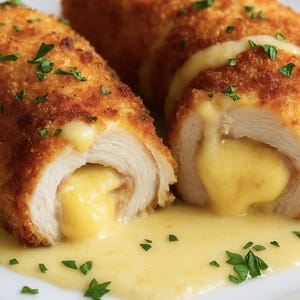 May include: Chicken cordon bleu, breaded and golden, cut to show melted cheese. Served with a creamy sauce and parsley garnish. A tasty and appealing meal. The dish is presented on a white plate.