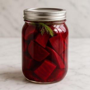 Peut inclure: Un bocal en verre transparent rempli de betteraves marinées. Les betteraves, de couleur rouge foncé, sont coupées en morceaux. Une branche d'aneth est posée sur les betteraves. Le bocal a un couvercle en métal argenté.