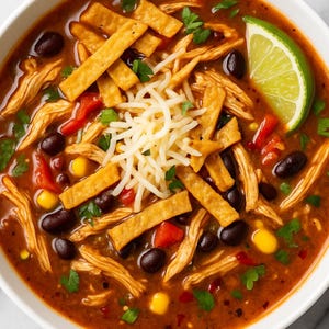 May include: A close-up shot of a bowl of chicken tortilla soup. The soup is a rich, reddish-brown color and is filled with shredded chicken, black beans, corn, and diced tomatoes. It is topped with crispy tortilla strips, shredded cheese, fresh cilantro, and a lime wedge.