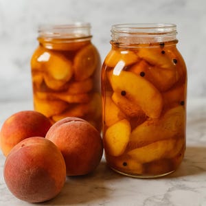 Peut inclure: Deux bocaux en verre remplis de tranches de pêche dans un sirop léger, à côté de trois pêches fraîches. Les pêches sont un mélange de teintes rouges et oranges, avec une texture douce et floue. Les bocaux sont transparents.
