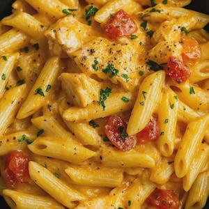 Könnte beinhalten: Nahaufnahme einer Schüssel mit Penne-Nudeln in cremiger, orangener Sauce, mit roten Tomatenwürfeln und gehackten grünen Kräutern. Das Gericht ist mit schwarzem Pfeffer gewürzt.