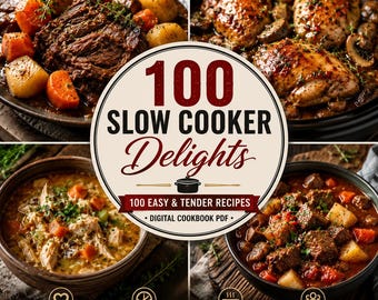 May include: A digital cookbook PDF titled 100 Slow Cooker Delights featuring 100 easy and tender recipes. The cover displays four bowls of cooked meals including beef with potatoes, chicken with mushrooms, soup, and a hearty meat stew with vegetables.