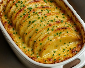 May include: A white ceramic baking dish filled with a creamy potato gratin topped with a layer of thinly sliced potatoes and a sprinkle of chopped chives.