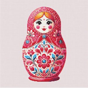 May include: A traditional Russian nesting doll, also known as a matryoshka doll, with a red, white and blue floral pattern. The doll is painted with a smiling face and has a red scarf.