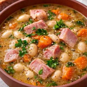 Op de afbeelding: Een close-up van een stevige soep in een bruine kom. De soep bevat grote stukken ham, witte bonen en oranje wortelen, gegarneerd met verse groene peterselie. De bouillon heeft een romige, lichte kleur en is gekruid met zwarte peper.
