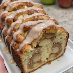 May include: A loaf of apple cinnamon bread with a white glaze. The bread is sliced open, revealing the apple filling inside.