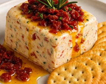 May include: A rectangular block of cheese topped with red tomatoes and rosemary sprigs, served with round crackers. The cheese has red and green specks throughout, with a golden sauce drizzling down the side.