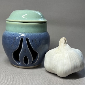 May include: A blue and green ceramic garlic keeper with a lid. The keeper has a decorative cut-out design in the shape of a garlic clove. A single garlic bulb is sitting next to the keeper.