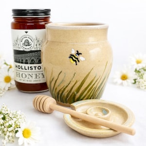 Handmade Pottery Honey Pot with Dipper - Stoneware Condiment Server - Rustic Kitchen Decor