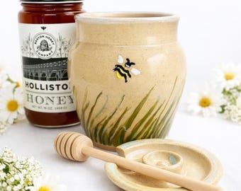 Handmade Pottery Honey Pot with Dipper - Stoneware Condiment Server - Rustic Kitchen Decor
