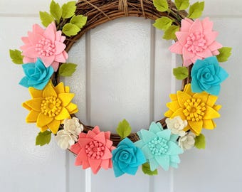 Bright Spring Felt Flower Wreath - Handmade Floral Door Decoration