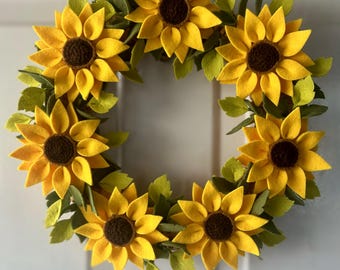 Handmade Felt Sunflower Wreath: 12-inch Grapevine Door Decor