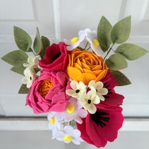 Felt Flower Bouquet – Peony, Ranunculus, Anemone, Daisies & Forget-Me-Nots – Bright Handmade Felt Flowers for Gift or Decor