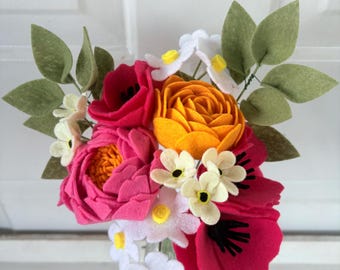 Handmade Felt Flower Bouquet: Peony, Ranunculus & Daisy Arrangement