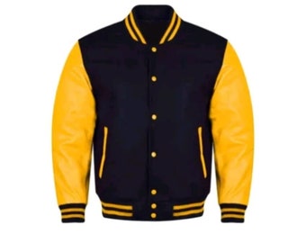 Handgemachte Varsity Letterman Schwarz Wolle Echte Gelbe Leder Ärmel Jacke Wolle College Jacke mit echten Rindsleder Ärmeln