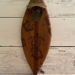 Surfboard Bottle Opener with sea turtle and tropical flowers