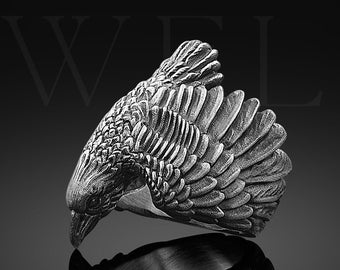 Handmade Raven Sterling Silver Ring, Oxidized Bird Skull Biker Jewelry