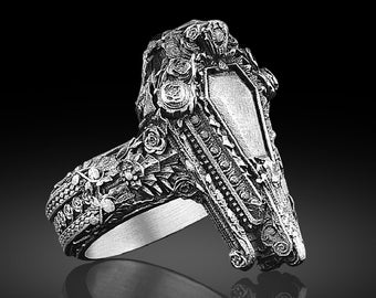 Silver Biomechanical Ring Mens Coffin Ring Steampunk Pinky Ring Women Jewelry Unique Giger Ring Badass Cool Biker Ring Gift For Boyfriend