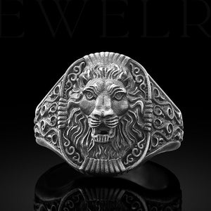 African Wild Lion Square Signet Ring, Sterling Silver Mens Rings, Leo Zodiac Gifts for Him, Angry Lion Handmade Signet Ring Leo Zodiac Ring