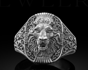 African Wild Lion Square Signet Ring, Sterling Silver Mens Rings, Leo Zodiac Gifts for Him, Angry Lion Handmade Signet Ring Leo Zodiac Ring