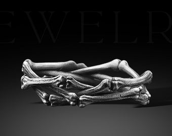 Bones Sterling Silver Biker Ring, Skull Gothic Jewelry