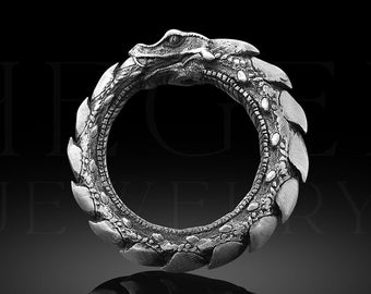 May include: A silver ring shaped like a dragon's head biting its tail, forming a circle.